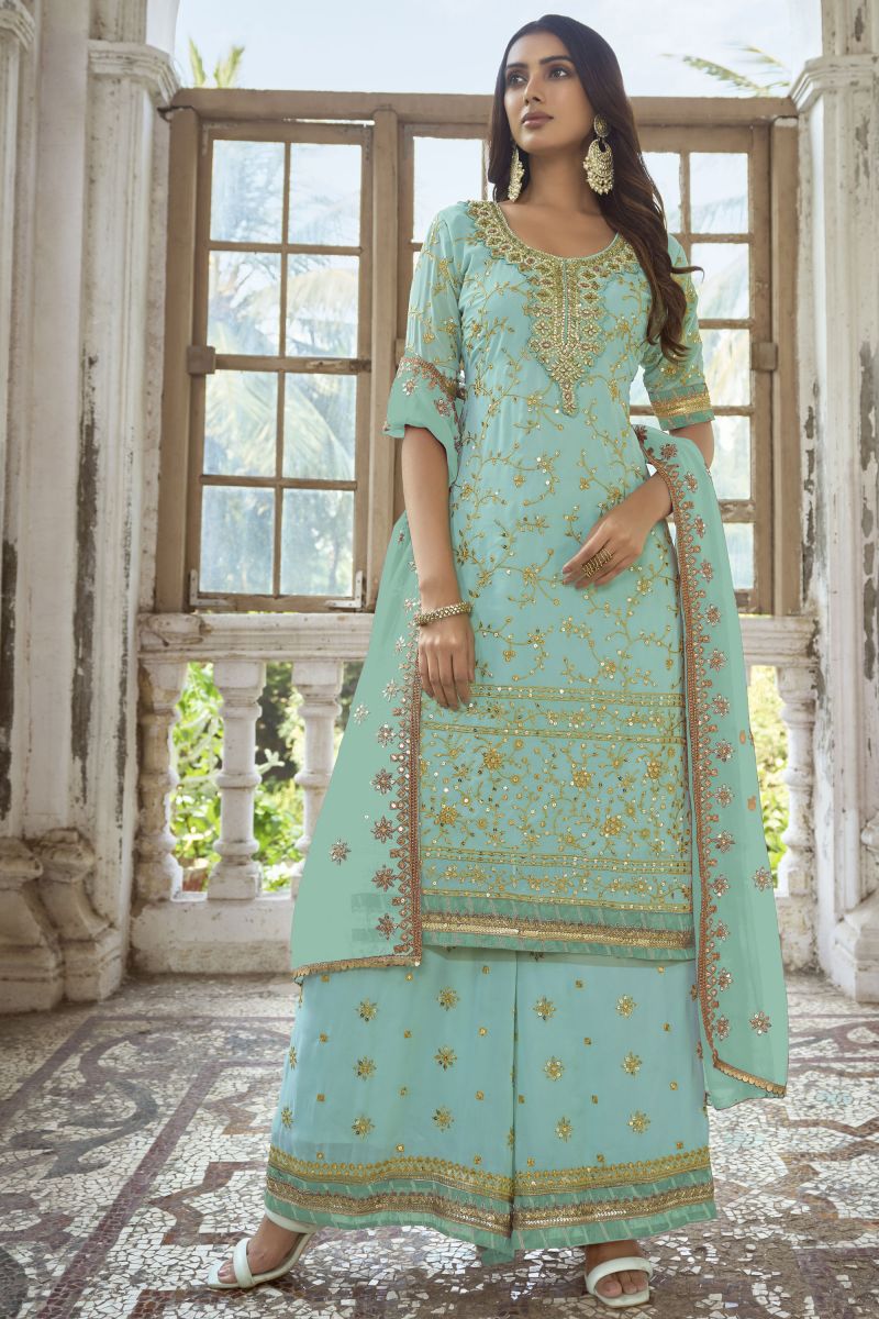 Cyan Color Party Wear Embroidered Palazzo Salwar Suit In Georgette Fabric