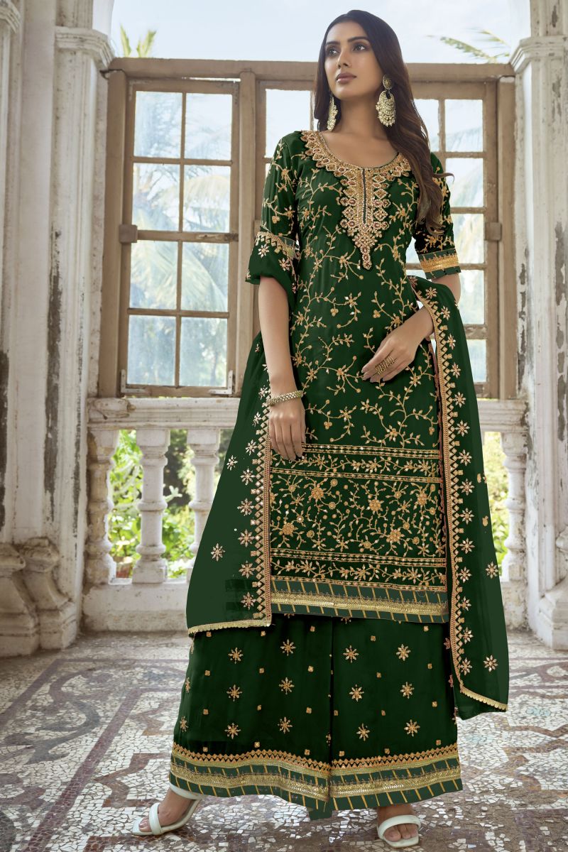 Embroidered Dark Green Color Wedding Wear Palazzo Salwar Suit In Georgette Fabric