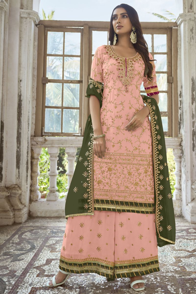 Georgette Fabric Peach Color Festive Wear Embroidered Palazzo Salwar Kameez