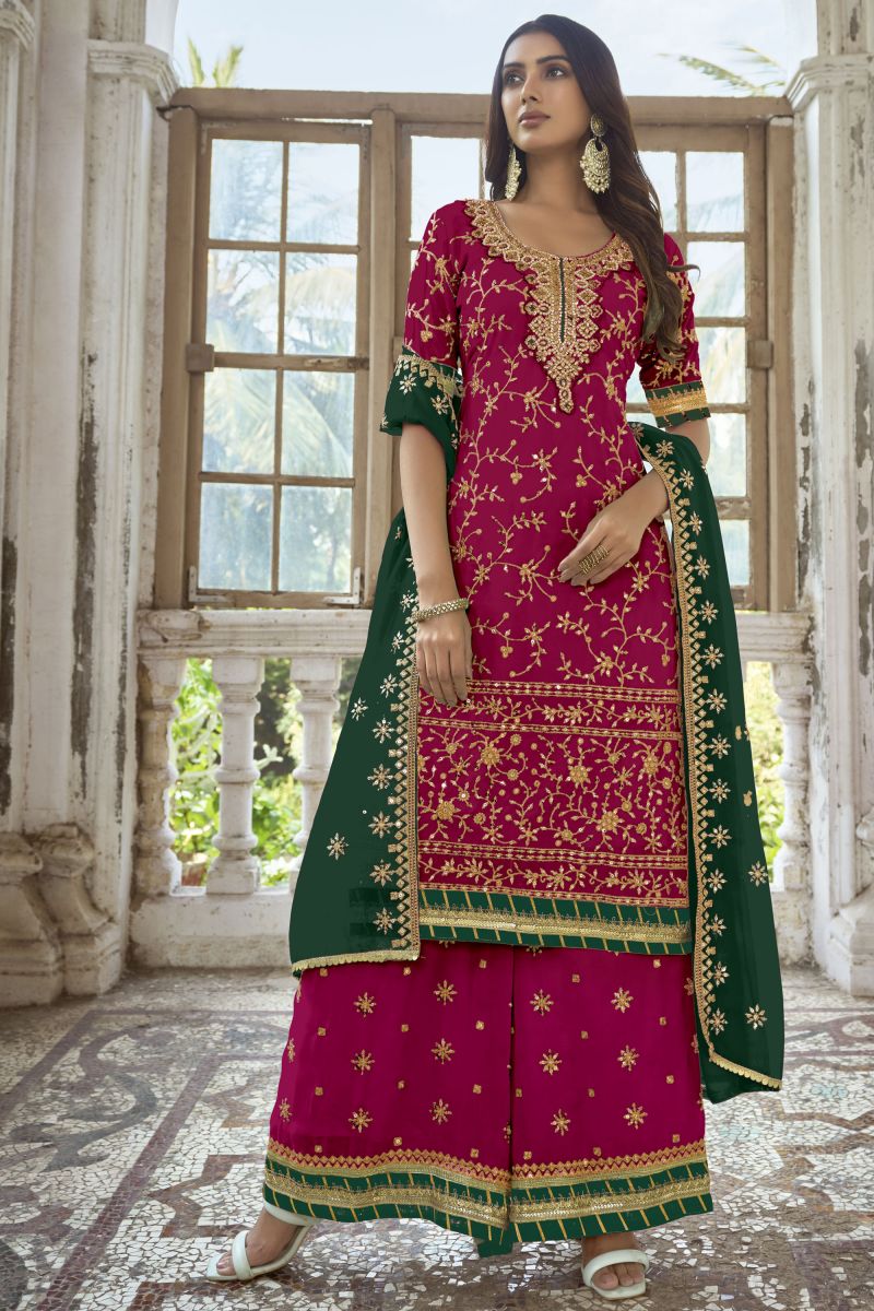 Georgette Fabric Reception Wear Embroidered Palazzo Salwar Kameez In Rani Color