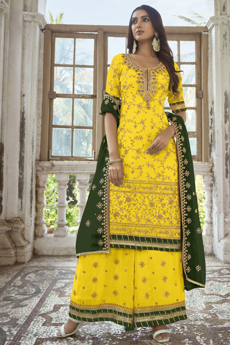 Sangeet Wear Embroidered Palazzo Salwar Kameez In Georgette Fabric Yellow Color