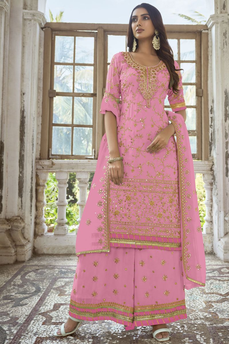 Pink Color Festive Wear Embroidered Palazzo Salwar Suit In Georgette Fabric