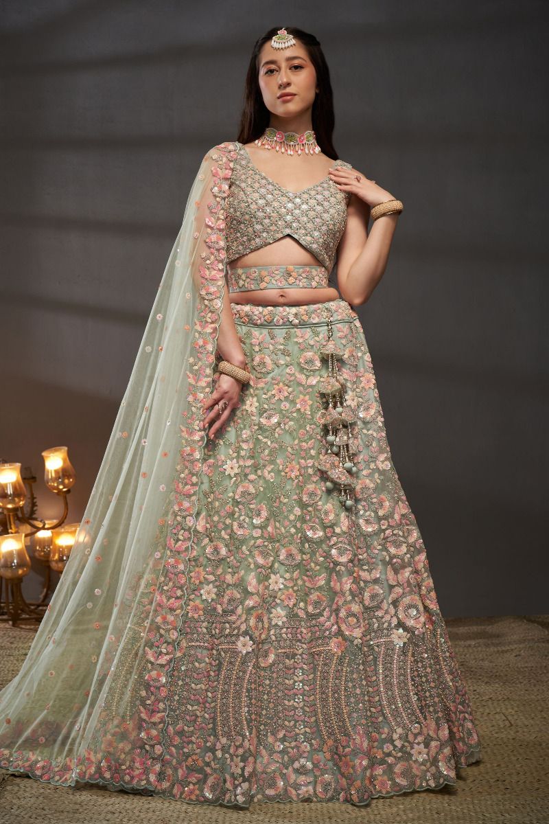 Net Fabric Wedding Wear Lehenga Choli In Sea Green With Sequins Work