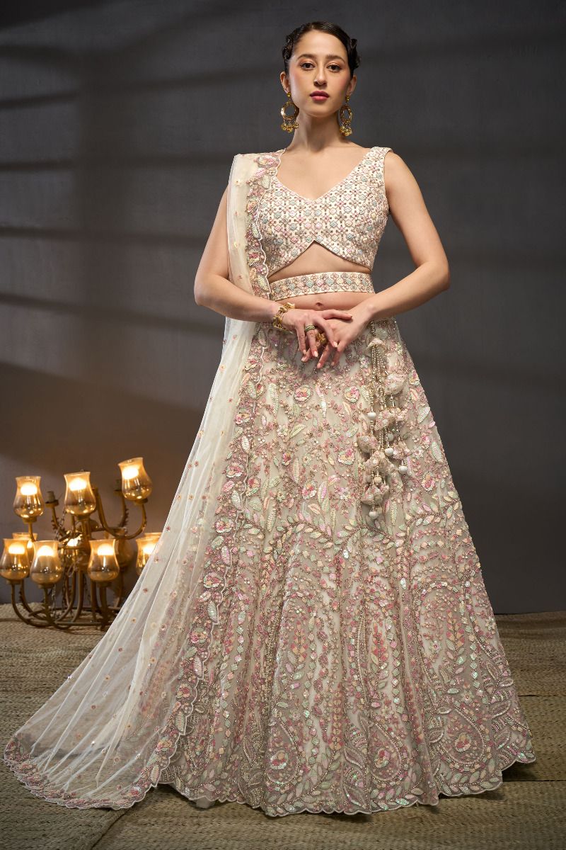 Sequins Work Cream Net Fabric Sangeet Wear Lehenga Choli