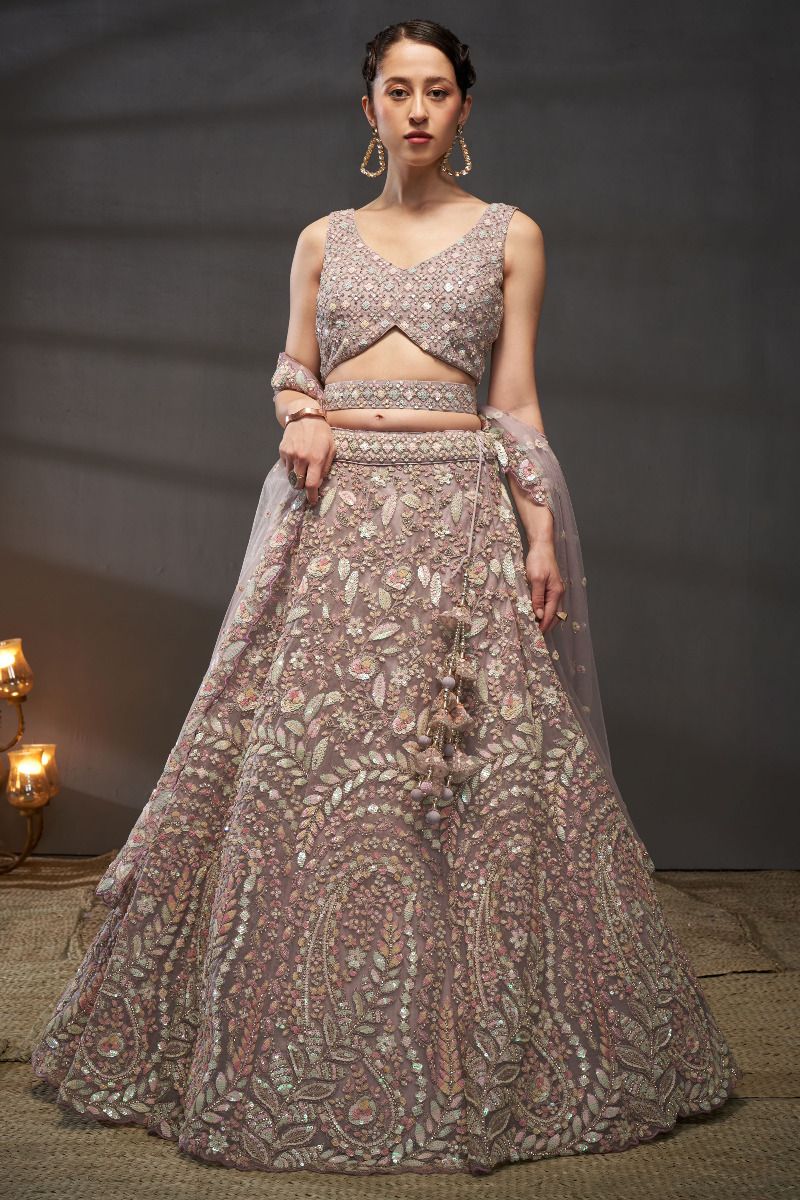 Net Fabric Lavender Designer 3 Piece Lehenga Choli With Sequins Work Designs