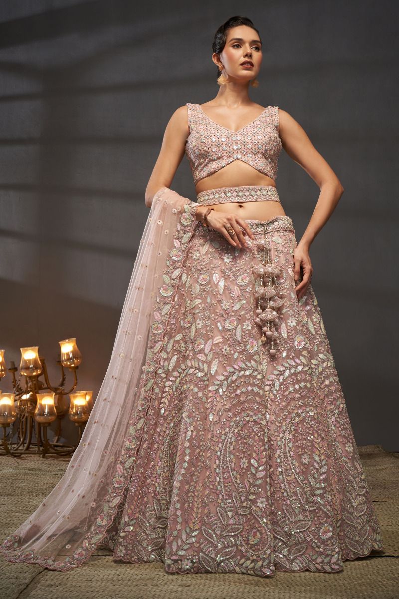 Pink Sequins Work Net Fabric Reception Wear Lehenga With Enchanting Blouse