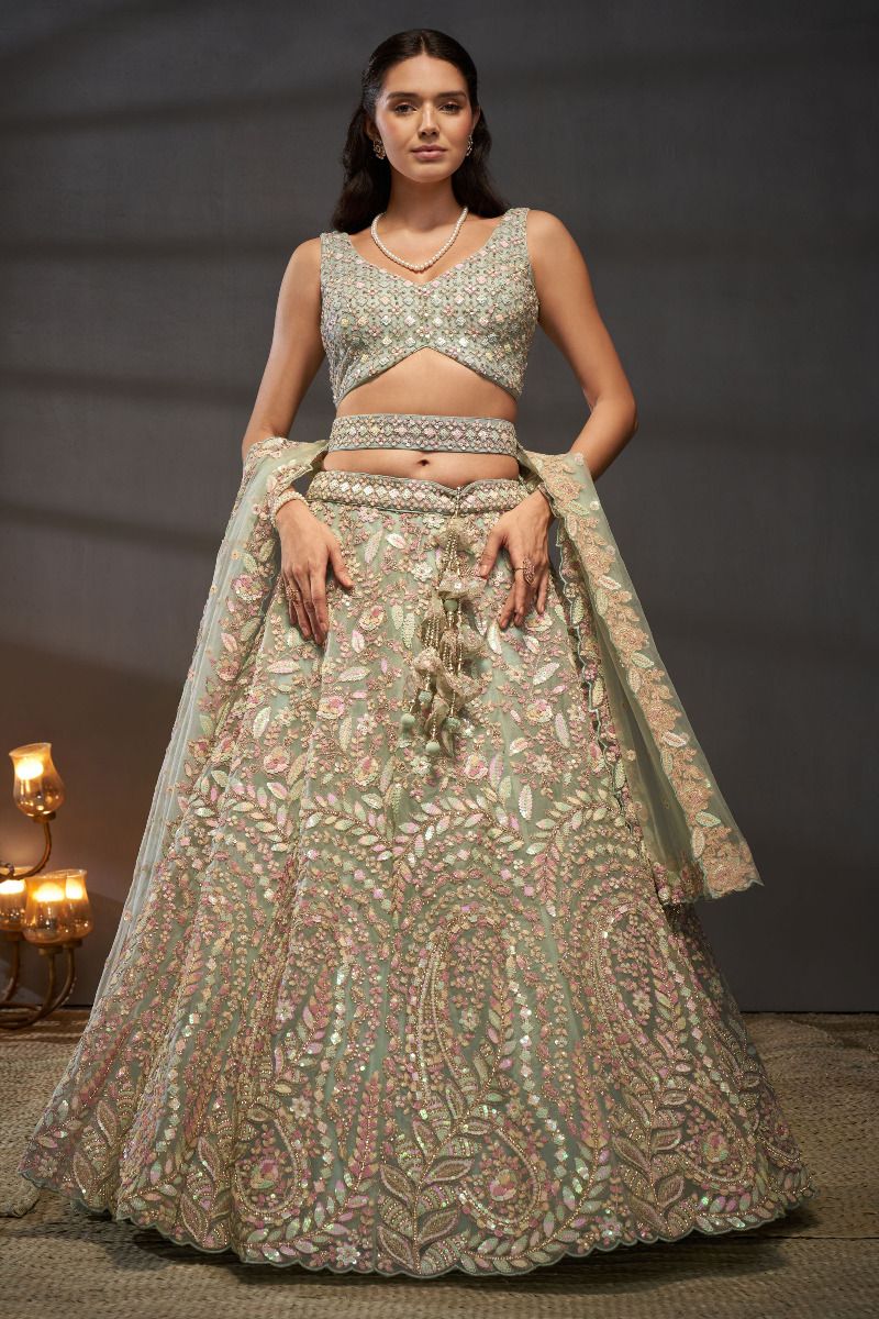 Sequins Work On Sea Green Net Fabric Occasion Wear Lehenga Choli