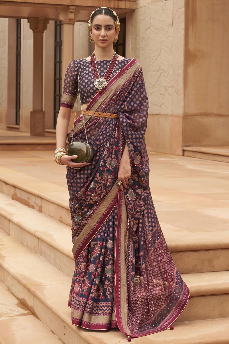 Brasso Navy Blue Color Saree With Printed Work