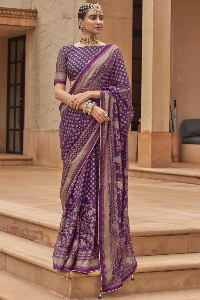 Purple Color Brasso Saree With Printed Work