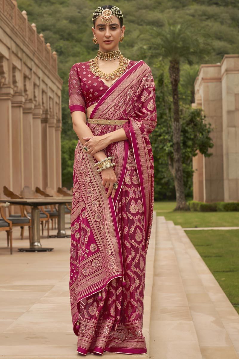 Printed Work On Maroon Color Brasso Saree