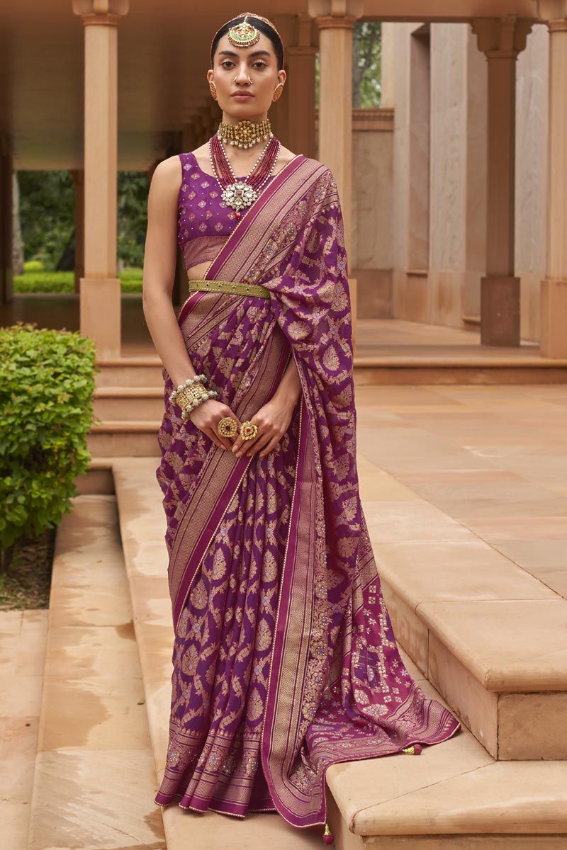 Purple Color Printed Work On Brasso Chic Saree