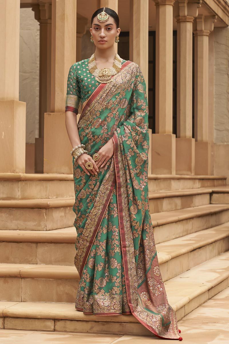 Printed Work On Green Color Brasso Saree