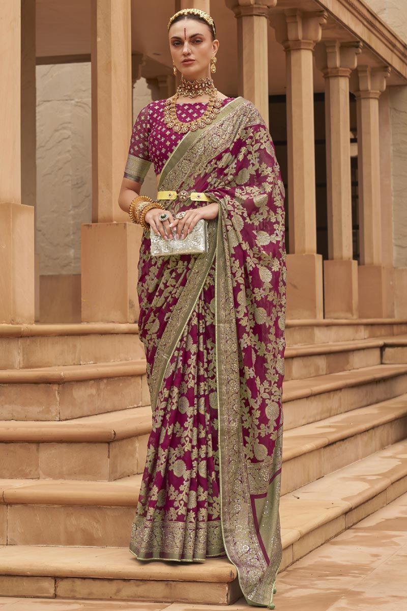 Printed Work On Brasso Burgundy Color Gorgeous Saree