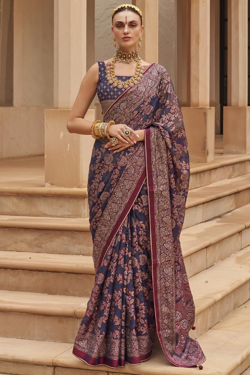 Brasso Blue Color Saree With Printed Work