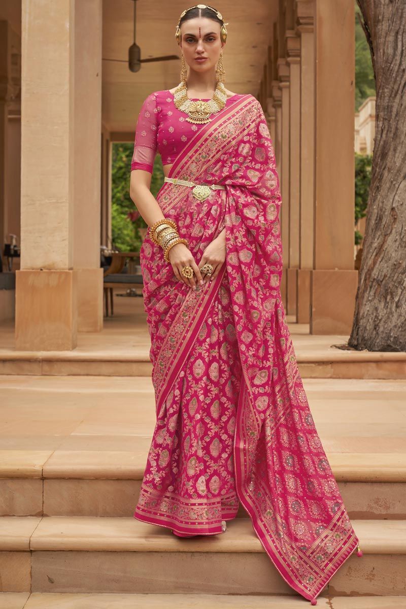 Pink Color Printed Work On Brasso Stunning Saree