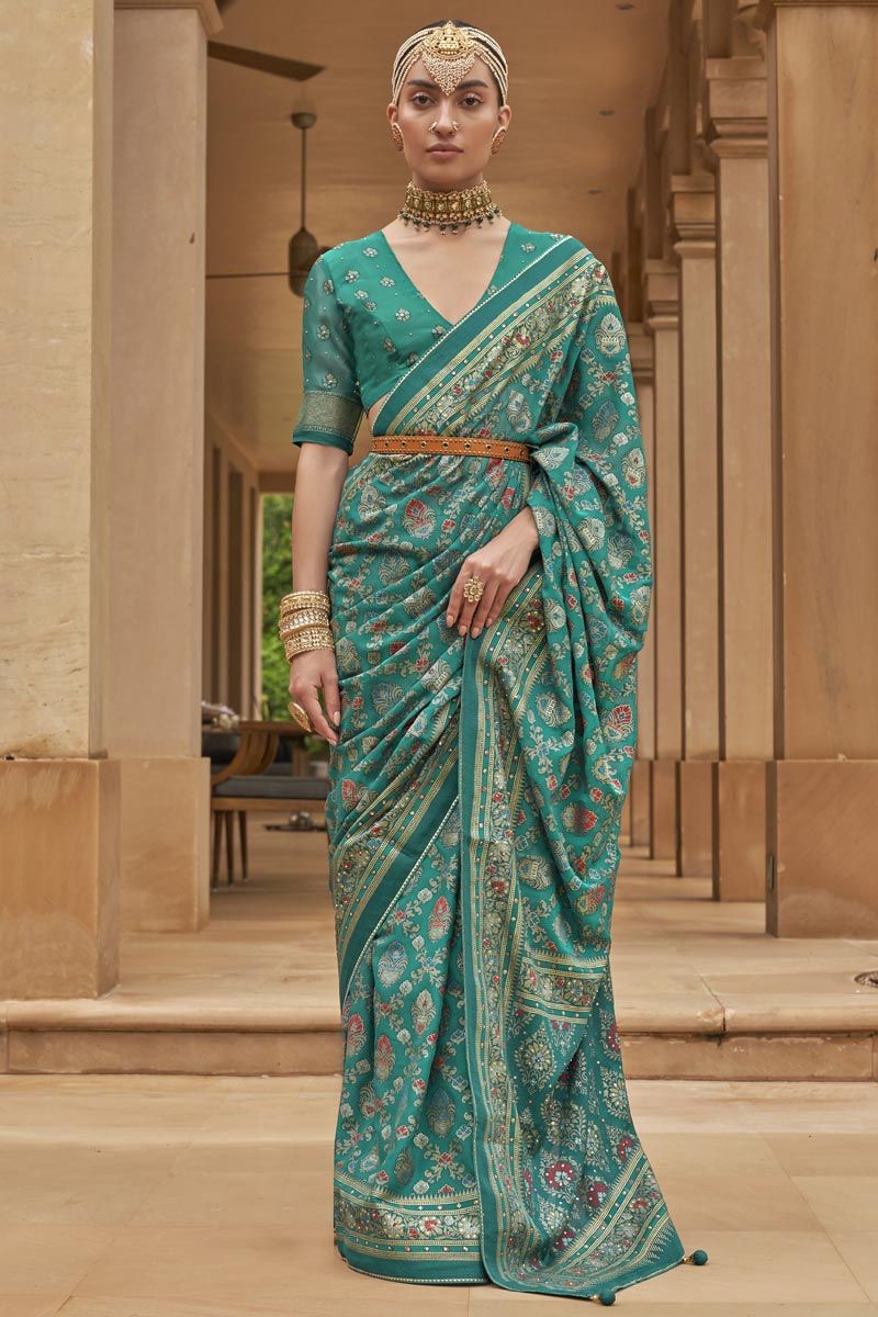 Printed Work On Cyan Color Brasso Saree