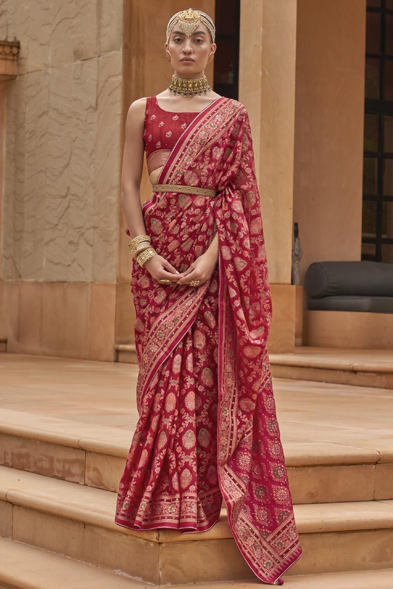 Printed Work On Brasso Red Color Saree