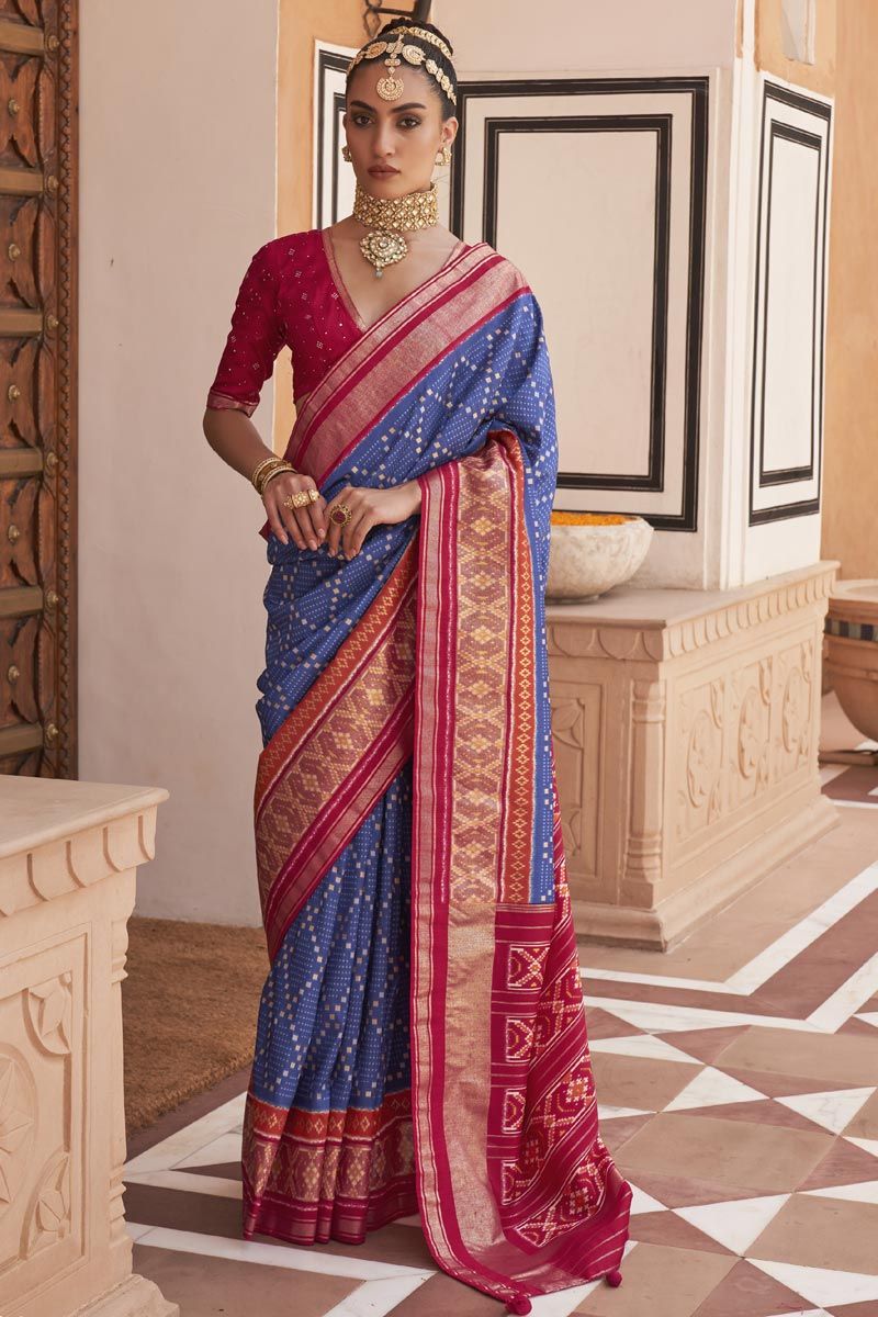 Printed Work On Blue Color Patola Saree In Art Silk Fabric