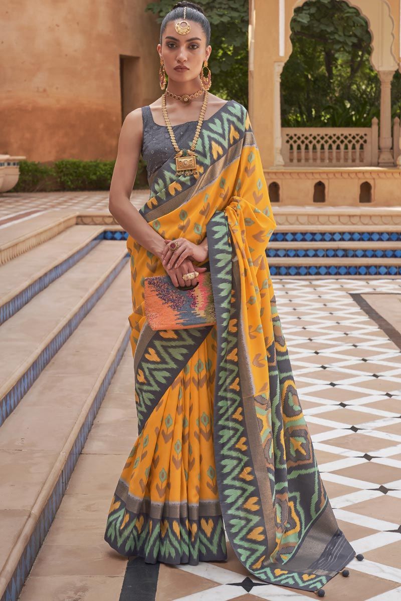 Printed Work On Art Silk Fabric Patola Saree In Yellow Color