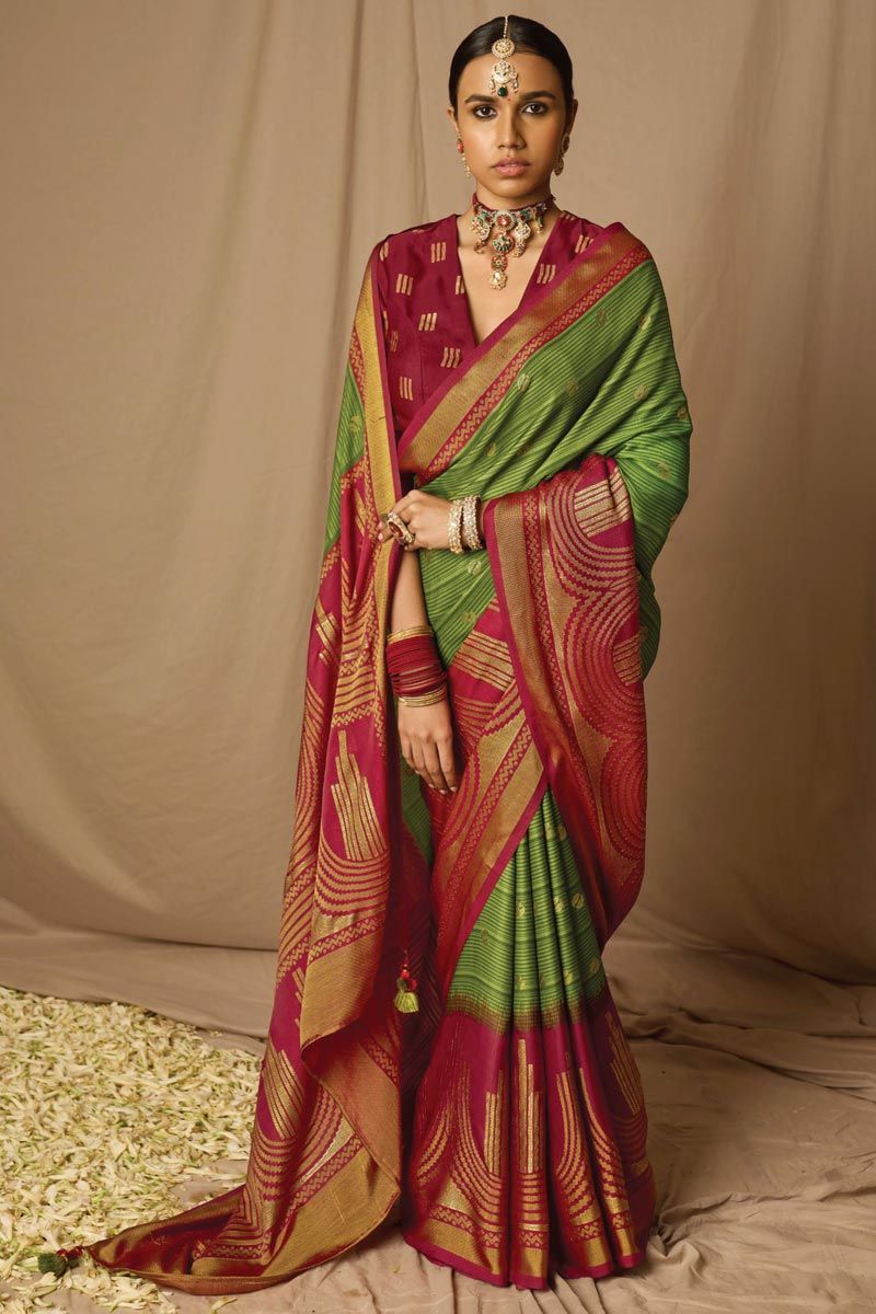 Green Color Weaving Work On Brasso Fabric Fantastic Saree