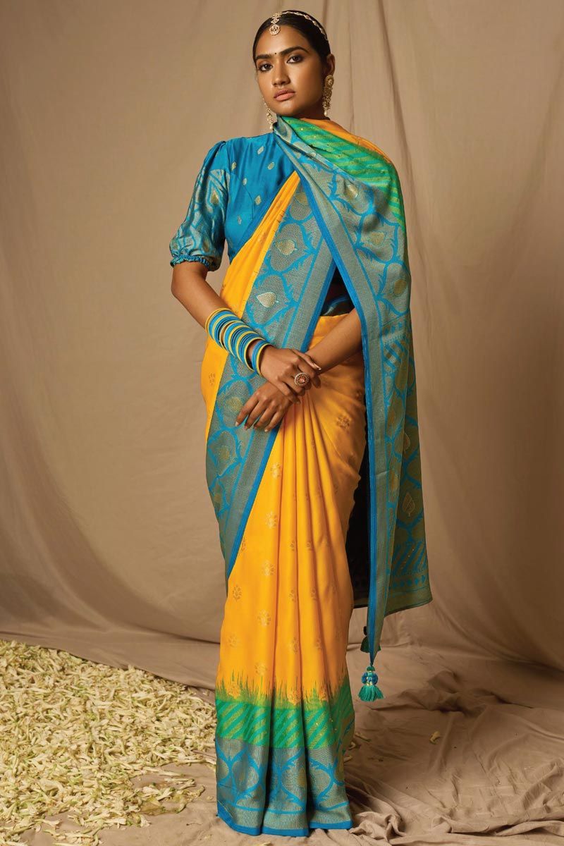 Soothing Weaving Work On Yellow Color Brasso Fabric Saree