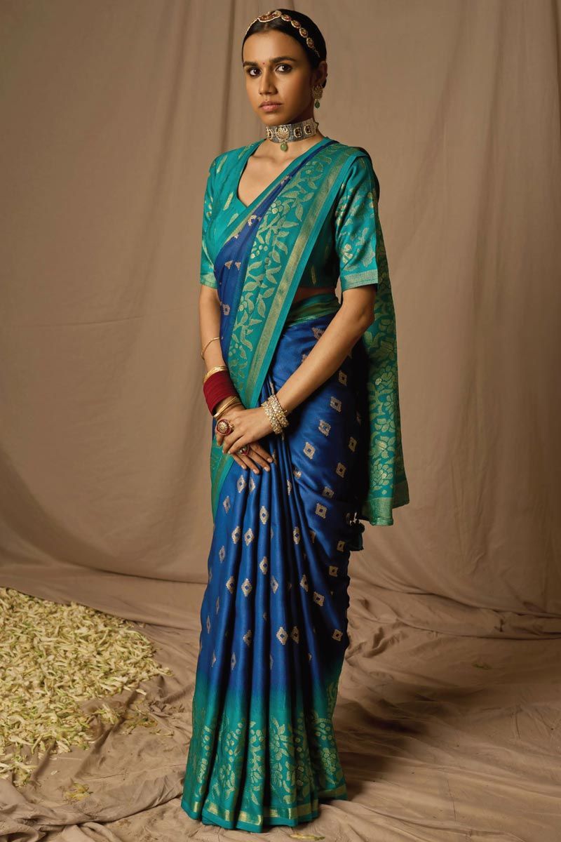 Beguiling Weaving Work On Blue Color Brasso Fabric Saree