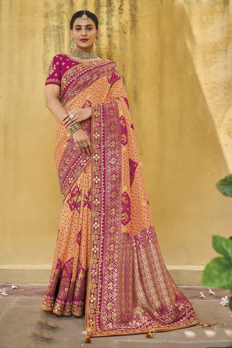 Peach Color Silk Fabric Wedding Wear Divine Saree