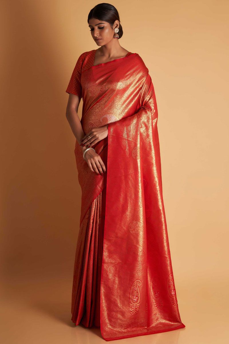 Red Color Weaving Work On Kanjivaram Silk Fabric Saree