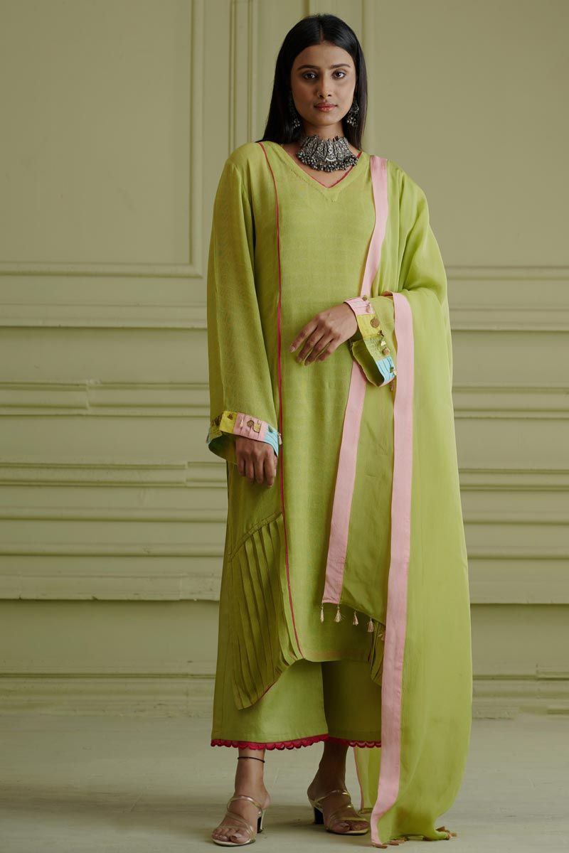 Green Color Georgette And Net Gorgeous Readymade Kurta Palazzo Set