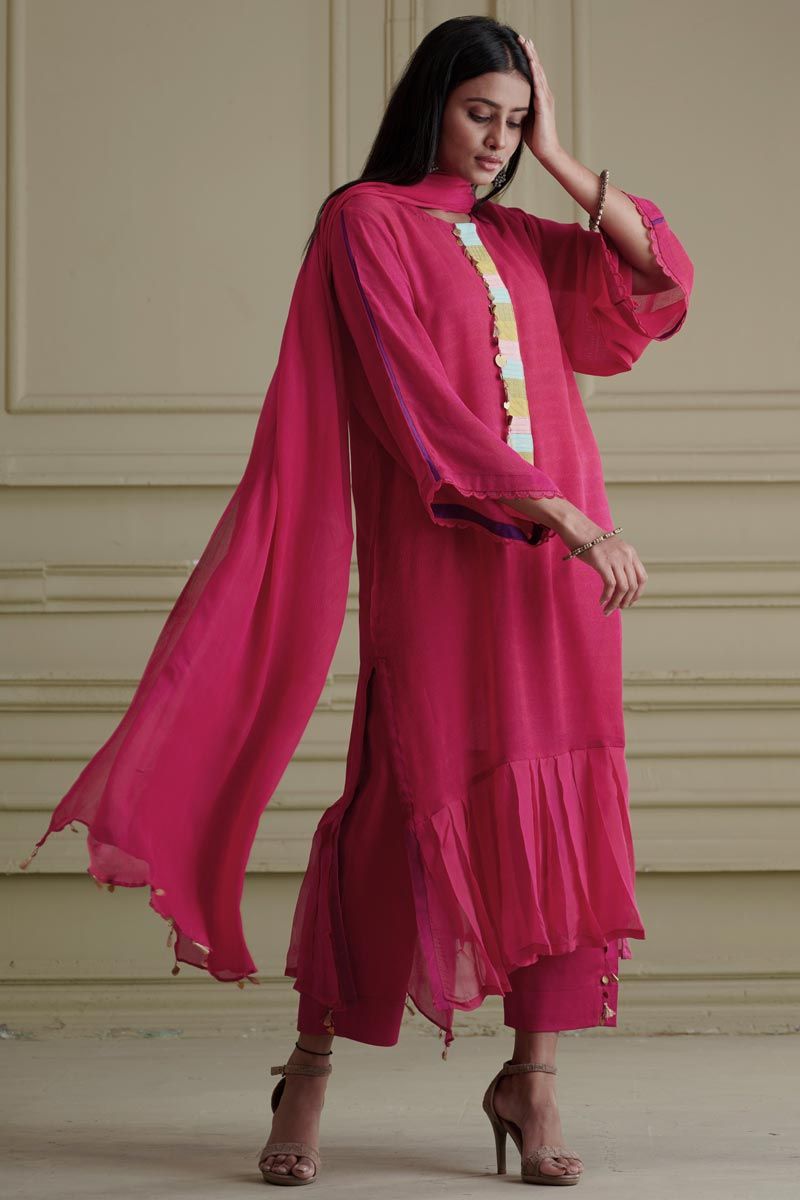 Pink Color Georgette And Net Striking Readymade Kurta Palazzo Set