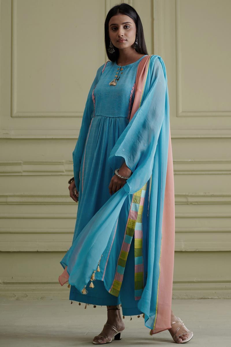 Blue Color Georgette And Net Stunning Readymade Kurta Palazzo Set