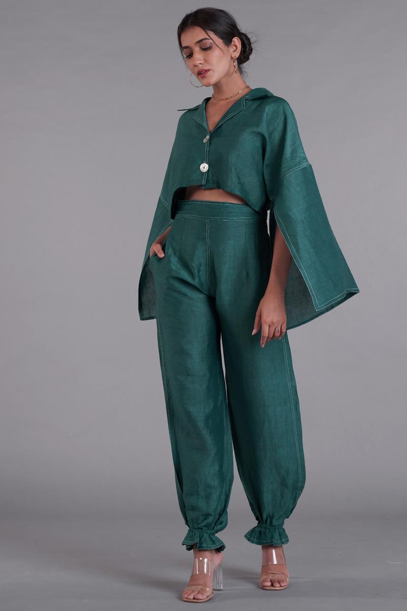 Teal Color Linen Wedding Wear Fancy Readymade Co Ord Set