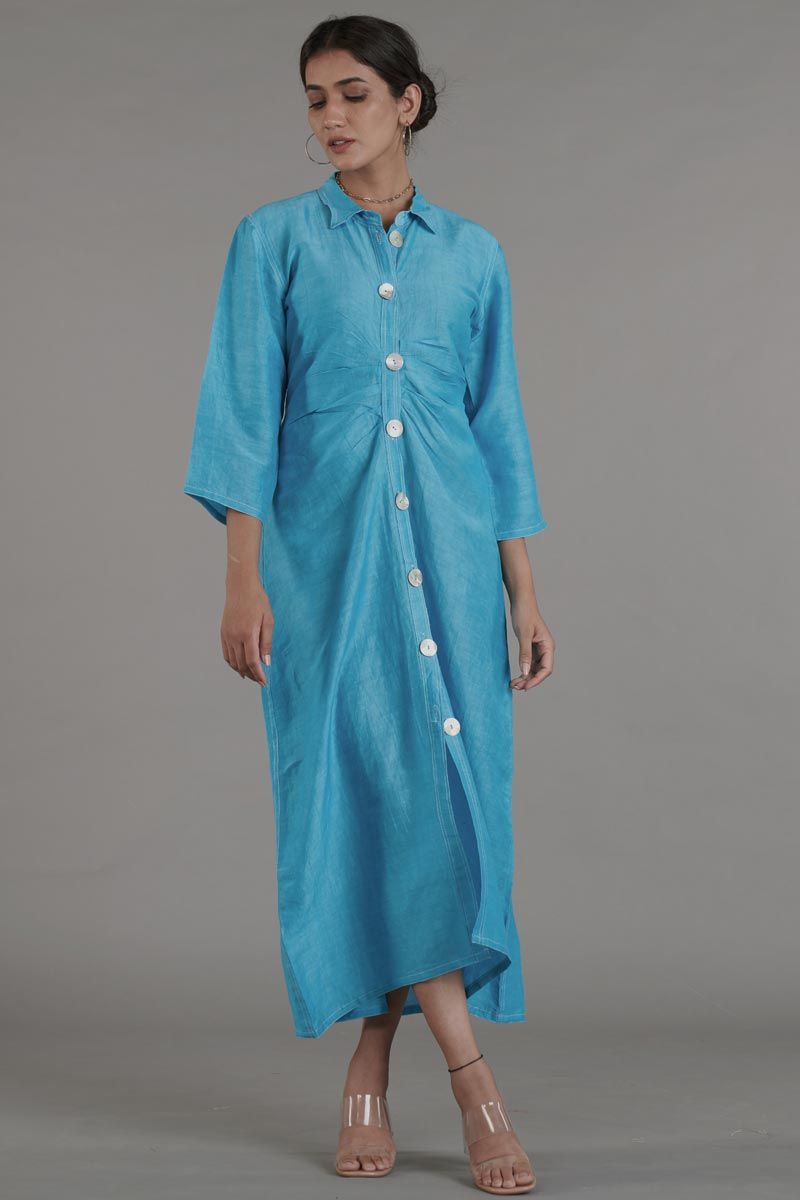 Cyan Color Linen Reception Wear Trendy Readymade Maxi Dress