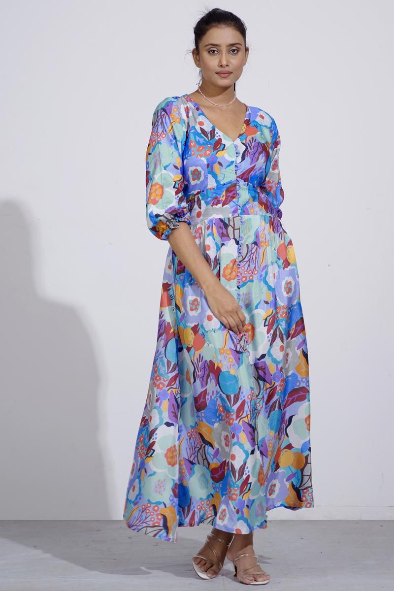 Blue Color Silk Function Wear Attractive Readymade Maxi Dress