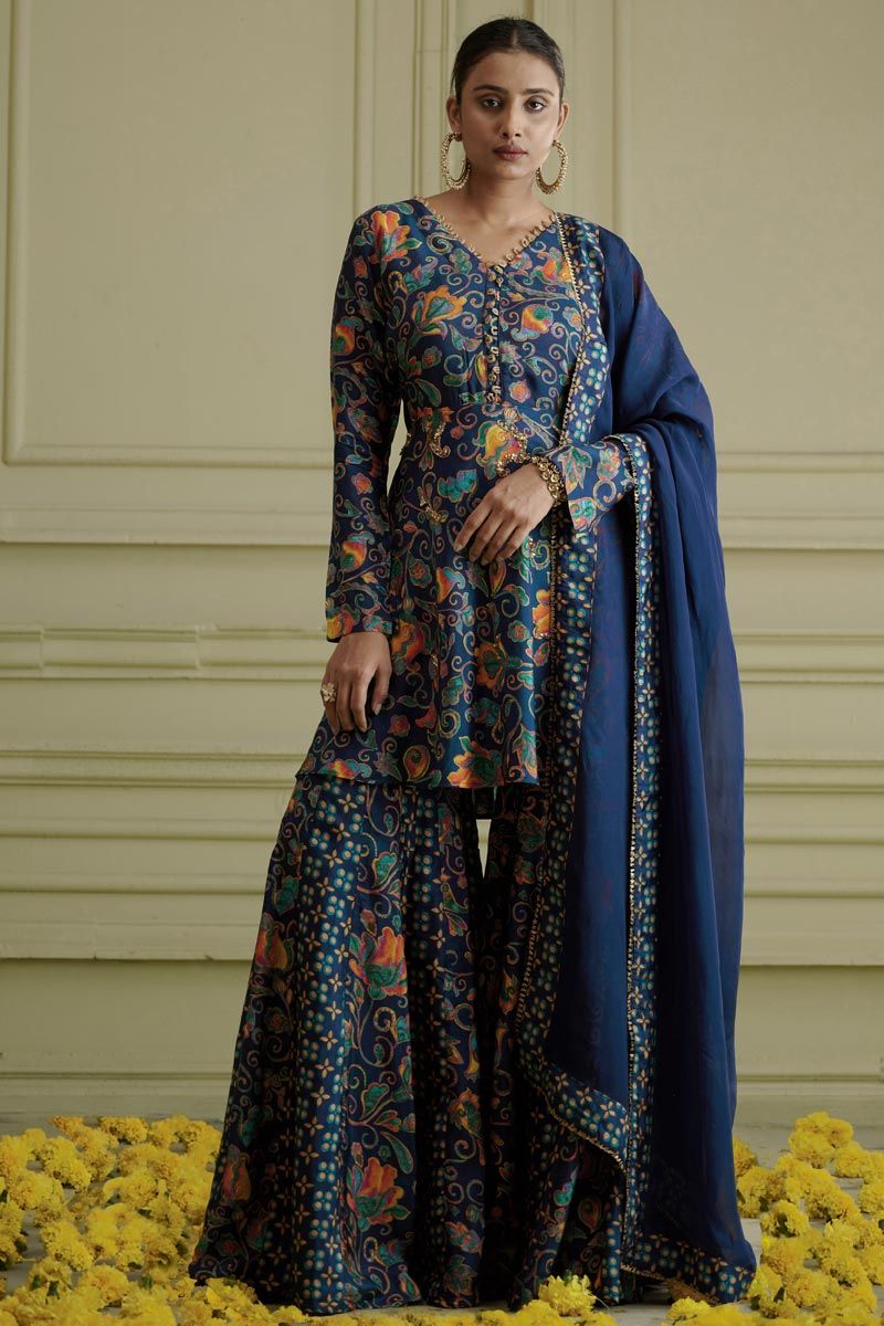 Blue Color Silk Sangeet Wear Artistic Readymade Sharara Set