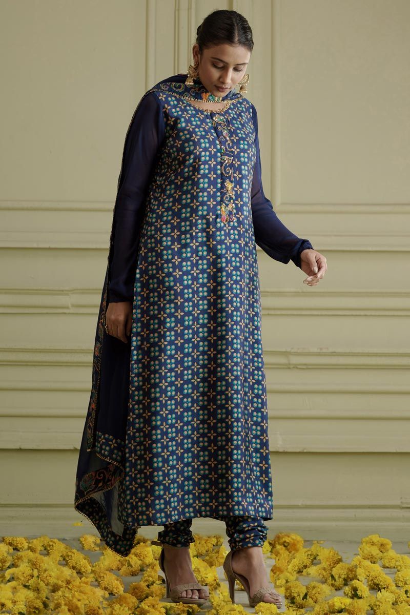 Blue Color Silk Trendy Readymade Straight Cut Kurti