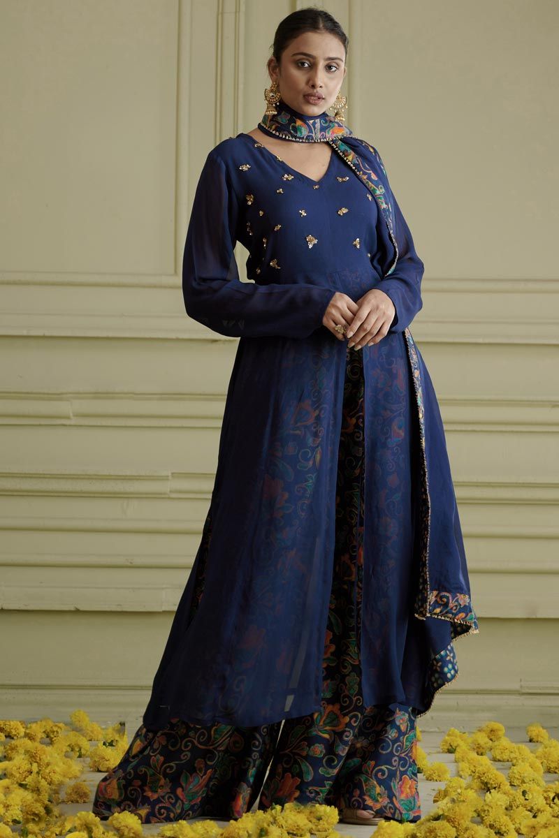 Blue Color Georgette Stylish Readymade Kurti With Palazzo Set