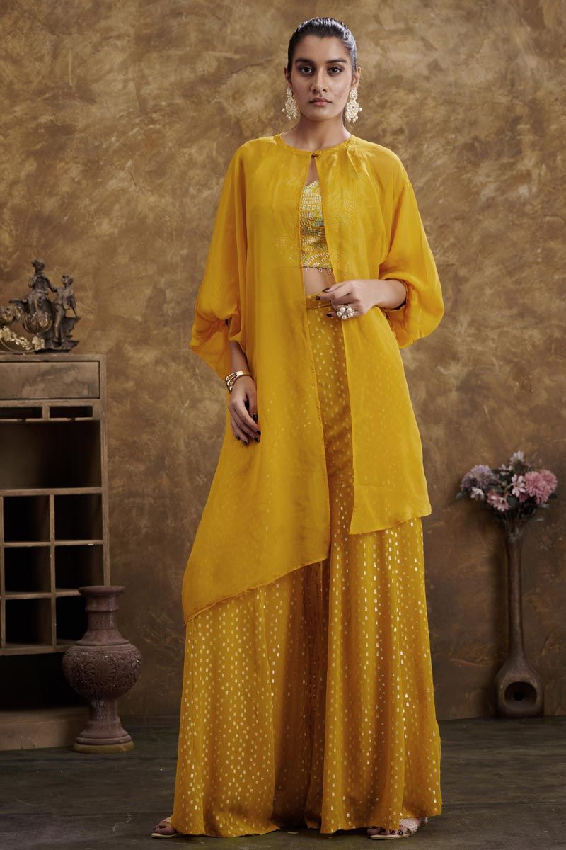 Yellow Color Georgette Jacquard Party Wear Splendiferous Readymade Sharara Set With Jacket