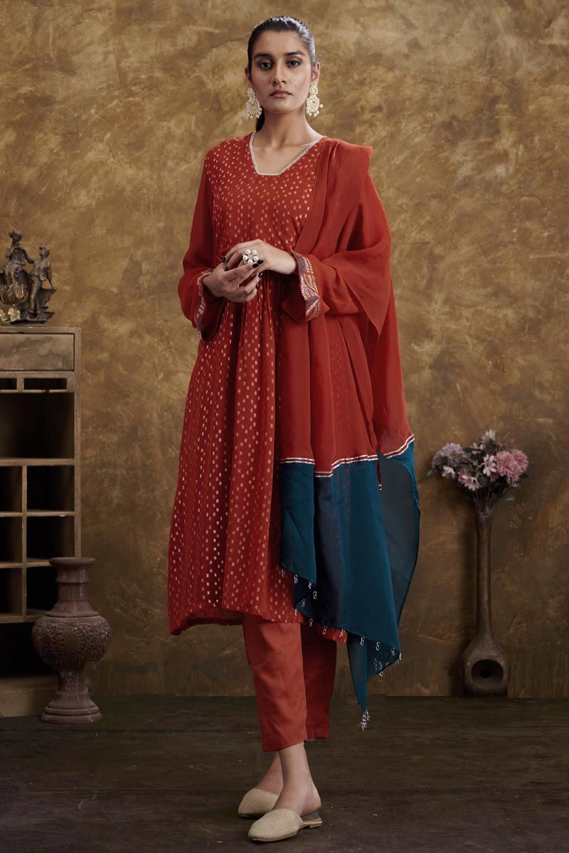 Rust Color Georgette Jacquard Majestic Readymade Kurta Set