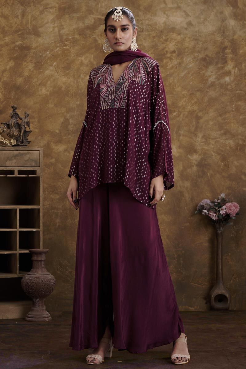 Wine Color Georgette Jacquard Wedding Wear Fascinate Readymade Top With Flared Pants