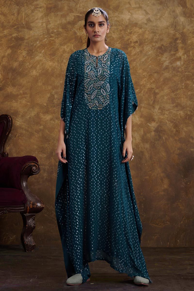 Teal Color Georgette Jacquard Glamorous Readymade Kaftaan