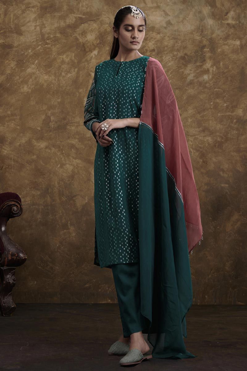 Green Color Georgette Jacquard Alluring Readymade Kurta Set