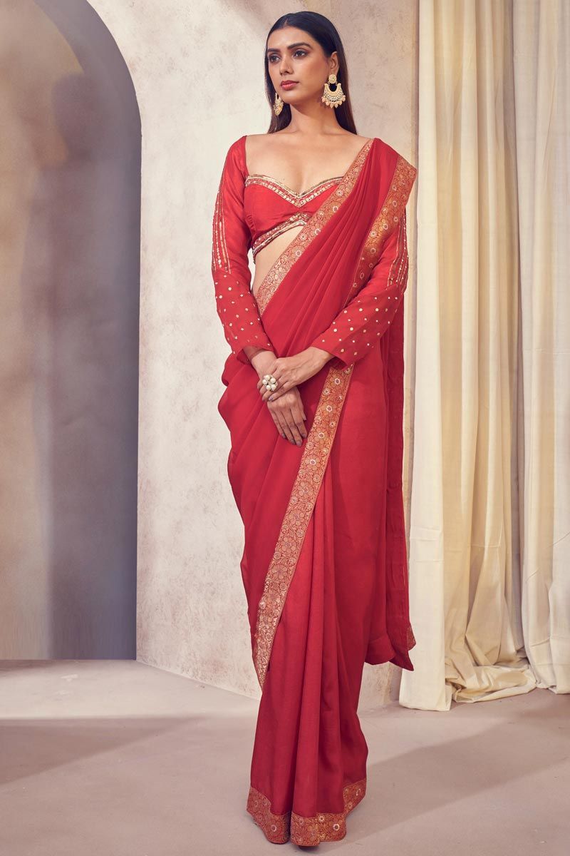 Red Color Organza Party Wear Appealing Readymade Saree