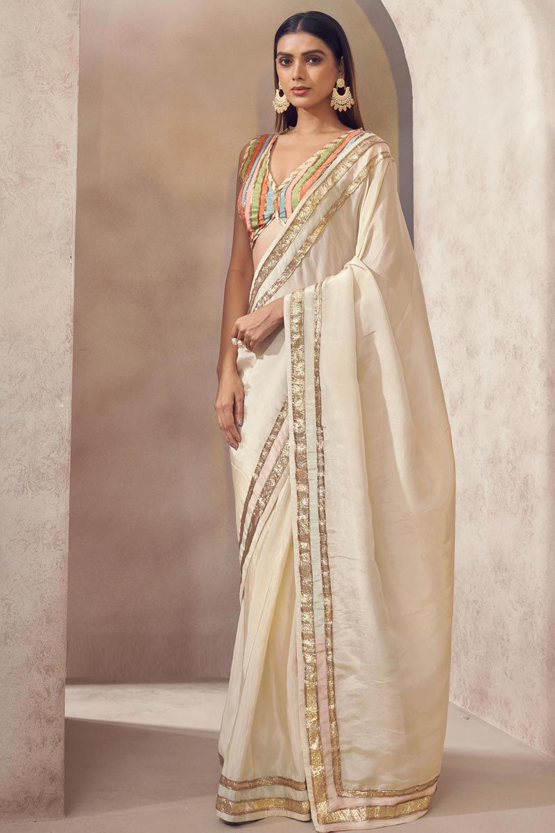 Beige Color Silk Sangeet Wear Engaging Readymade Saree