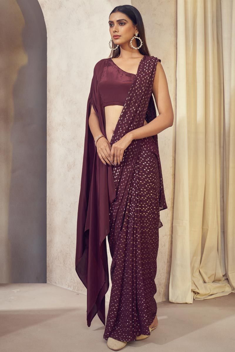 Wine Color Georgette Jacquard Wedding Wear Captivating Readymade Saree