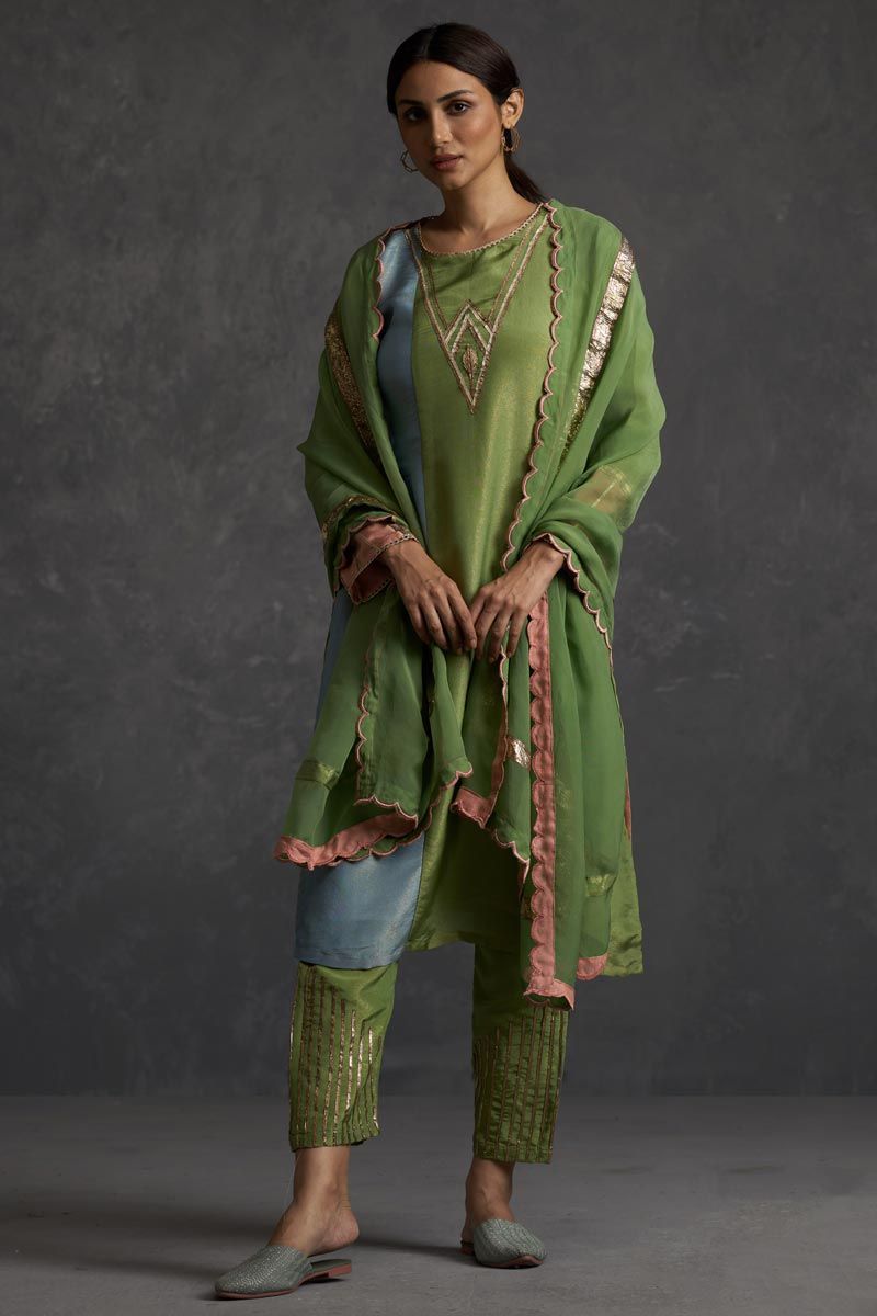 Green Color Silk Attractive Readymade Straight Cut Kurta