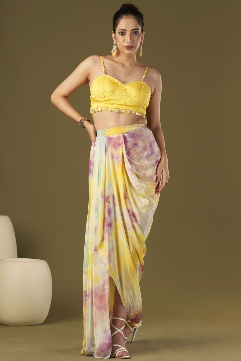 Viscose Crepe Embroidered Work Party Wear Yellow Color Designer Readymade Draped Skirt Set