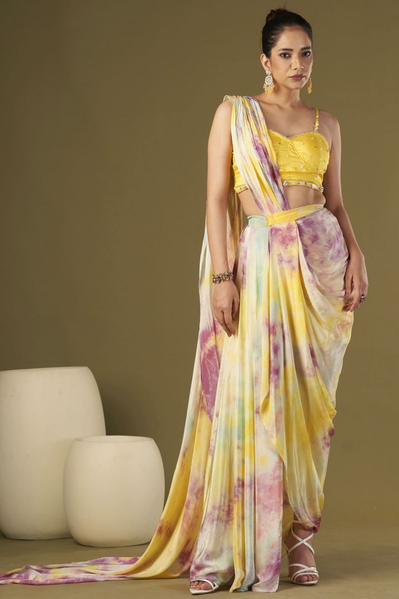 Viscose Crepe Embroidered Work Party Wear Designer Yellow Color Readymade Pre Draped Saree