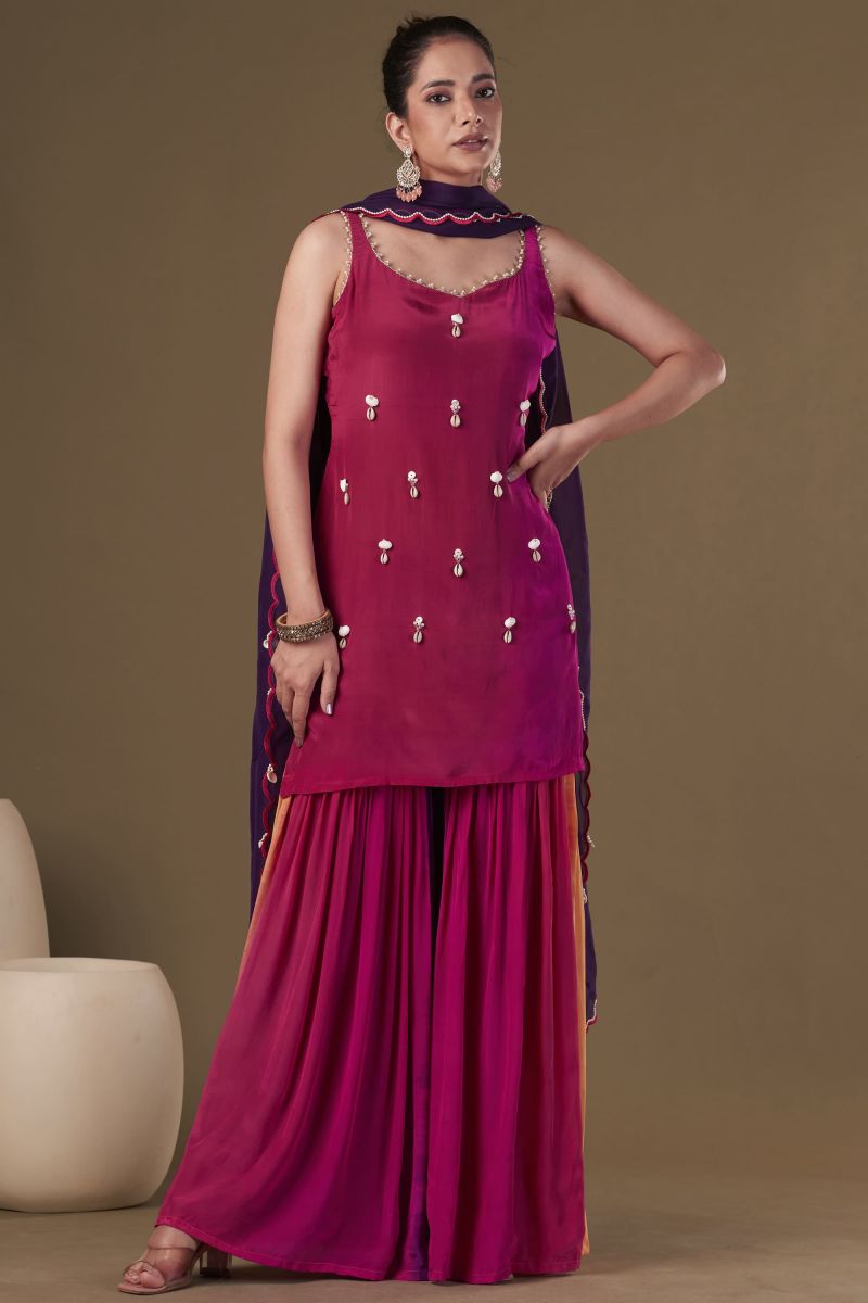 Viscose Crepe Embroidered Work Party Wear Designer Readymade Sharara Kurta Set In Pink Color