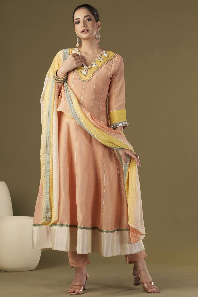 Peach Color Embroidered Work Tissue Silk Party Wear Designer Readymade Anarkali Style Kurta Set